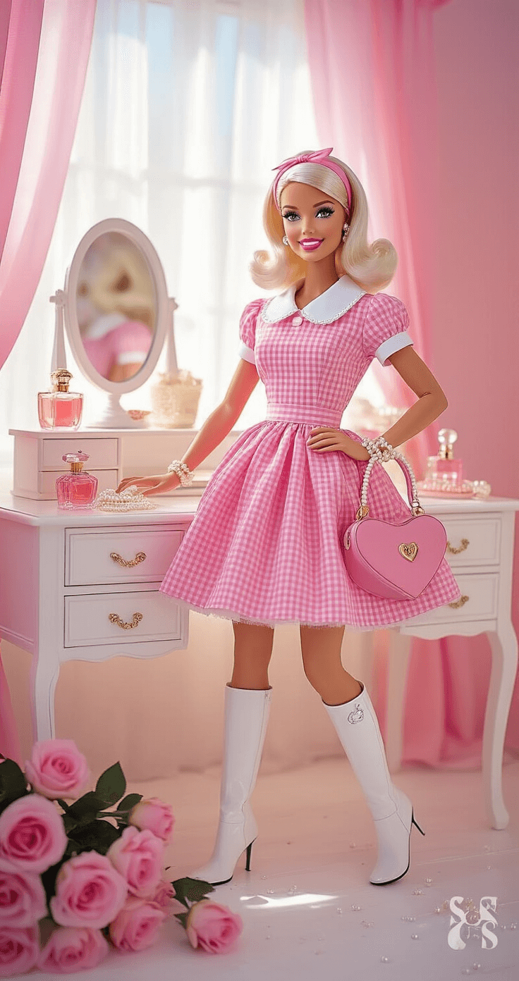Legendary Halloween Costumes for Women: A Definitive Style A bright pastel-pink bedroom with a playful young woman in a retro pink gingham dress, white knee-high boots, and a matching headband posing by a vanity table adorned with pink roses, vintage perfume bottles, and pearl jewelry, illuminated by soft natural light.