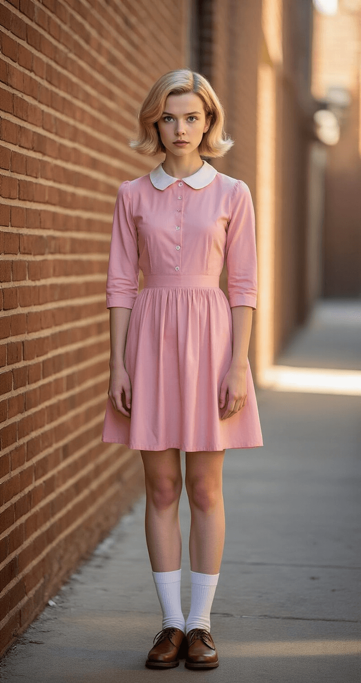 A confident young woman dressed as Eleven from Stranger Things stands in an urban alley, showcasing her vintage pink dress, white crew socks, and brown oxford shoes, with sunlight highlighting her styled blonde wig and minimalist makeup against a textured brick wall.