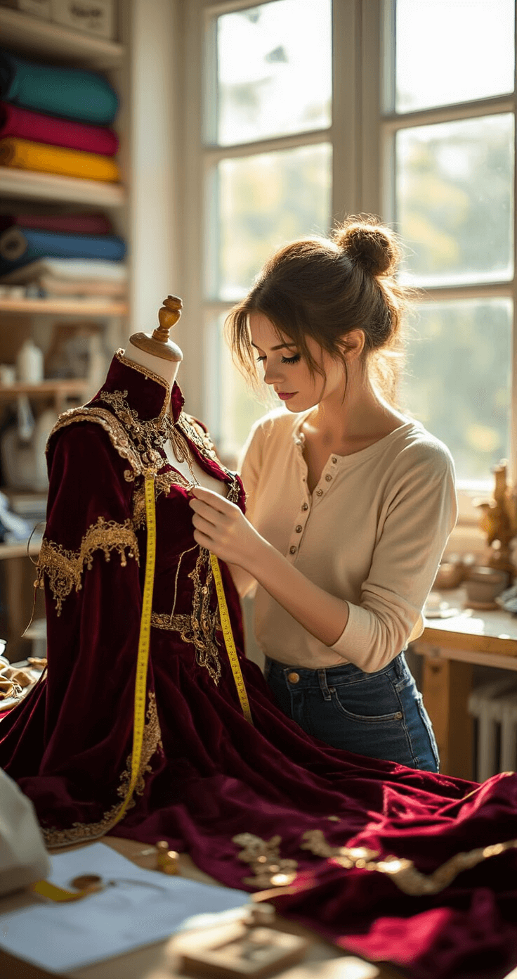 A female cosplayer in a bright crafting studio carefully hand-sews intricate details on a fantasy costume, surrounded by colorful fabric bolts and sewing tools, with golden sunlight illuminating her focused expression.