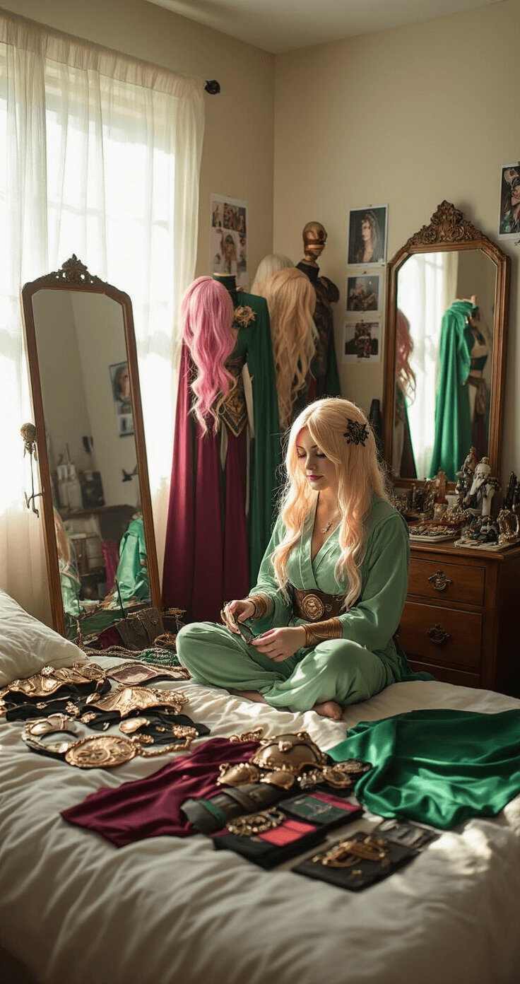 A cozy bedroom bathed in soft morning light, featuring a dedicated female cosplayer organizing elaborate costumes, colorful wigs, and accessories on her bed and dresser, with a full-length mirror, reference photos on the wall, and labeled storage boxes, all captured in a warm and inviting atmosphere.
