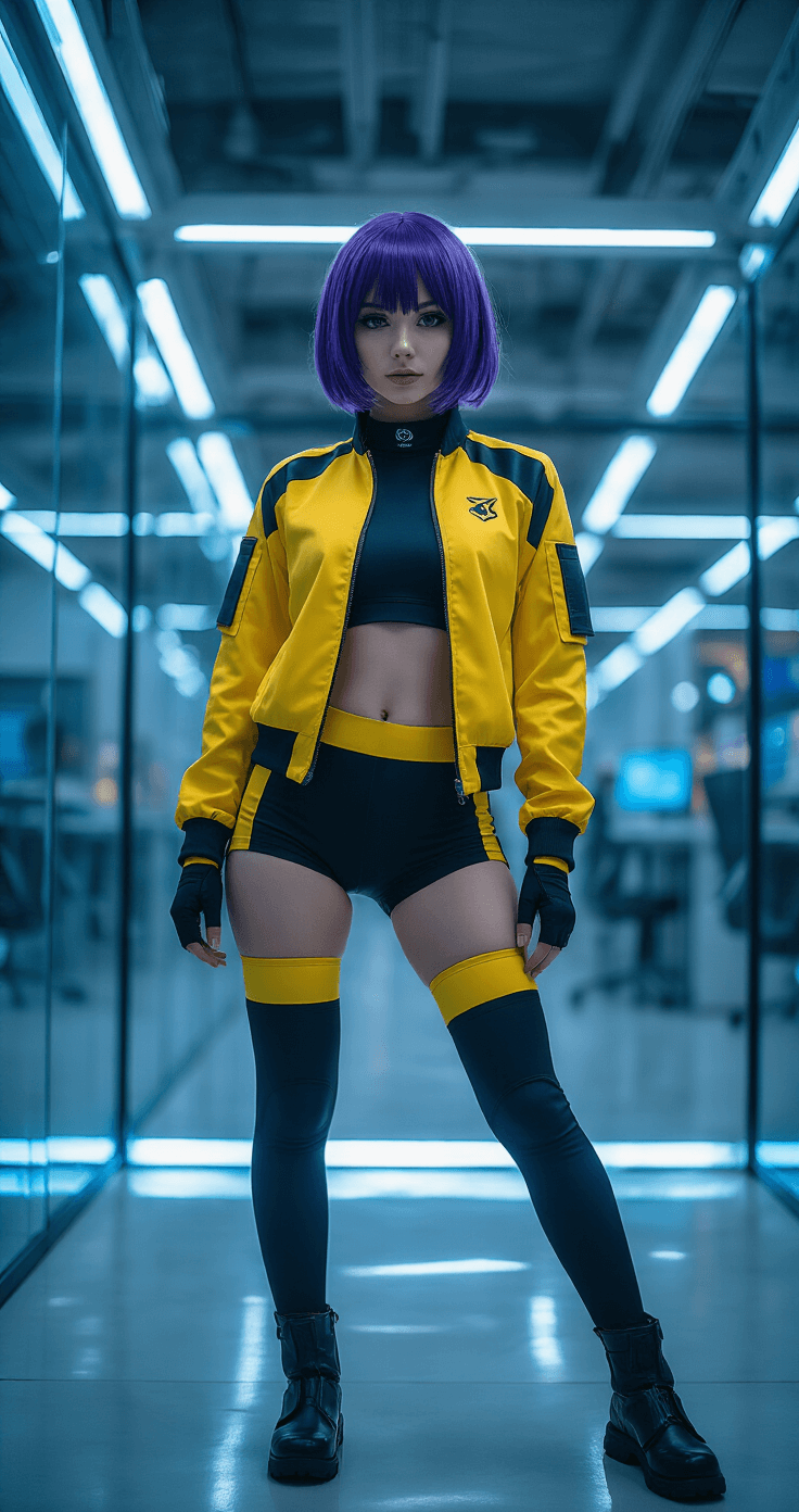 A woman in Go Go Tomago cosplay stands in a modern tech workspace at blue hour, wearing a fitted yellow and black athletic jacket with geometric panels, matching cycling shorts, and sleek black boots. Her purple bob wig reflects ambient LED lighting, while the futuristic setting features glass surfaces and metallic elements. Dramatic side lighting emphasizes the synthetic materials and color blocking of her costume.