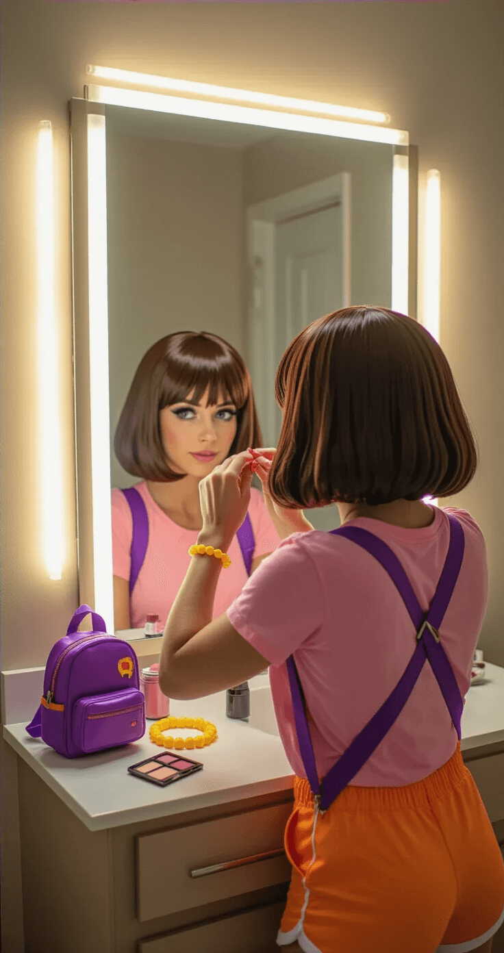 A cosplayer preparing her Dora the Explorer costume at a well-lit vanity, adjusting a brown bob wig while wearing a pink t-shirt and orange shorts, surrounded by organized costume accessories and warm LED lighting.