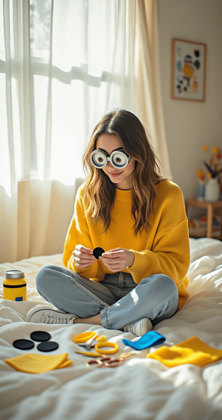 A young woman in a sunlit bedroom, wearing a yellow oversized sweater and blue jeans, sits cross-legged on a white comforter surrounded by DIY crafting supplies for a Minion costume, including felt circles and mason jar lids for goggles. Natural light filters through sheer curtains, highlighting her creative workspace filled with colorful craft materials.