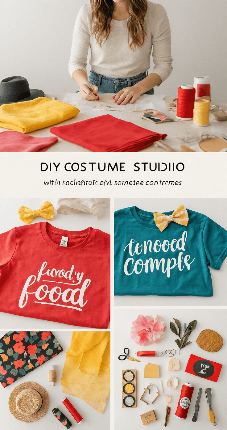A cozy home studio workspace for DIY costume creation, featuring warm lighting, fabric swatches in red and yellow, hand-lettered t-shirts, creative accessories, and craft supplies, arranged in a flat-lay on a clean white surface.