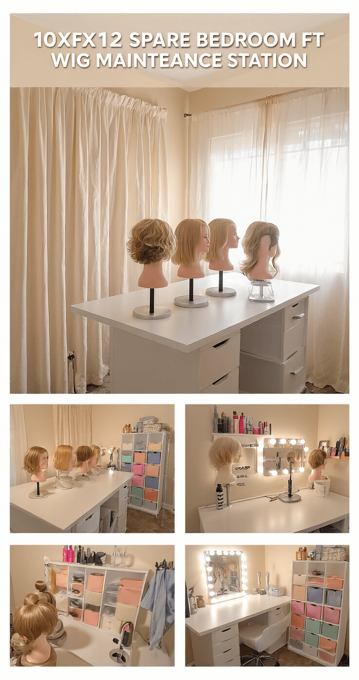Mastering Cosplay Storage: A Comprehensive Guide to Protecting Your Costume Collection A high-angle view of a converted 10x12ft spare bedroom styled as a wig maintenance station, featuring soft golden hour lighting filtering through gossamer drapes. A central island showcases 12 professional wig heads on a rotating display, surrounded by custom-built shelving with pastel storage solutions for styling tools and accessories. The soft diffused lighting highlights the textures of the wigs and a professional styling station with an illuminated mirror.