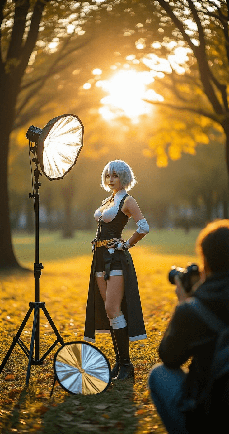 A dynamic action shot capturing a photographer taking pictures of a short-haired cosplayer in a sun-drenched park during golden hour, with dappled sunlight filtering through trees. The cosplayer poses confidently in costume, while a DSLR camera, light reflector, and small tripod are visible in the foreground, highlighting the collaboration and creative process of cosplay photography.