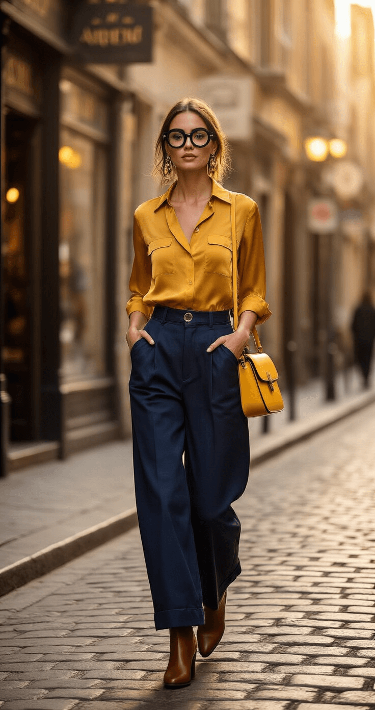 A confident woman in a DIY Minion-inspired fashion outfit walks down a charming cobblestone street at golden hour, wearing a mustard yellow silk blouse and navy blue wide-leg trousers, complemented by black-rimmed glasses and brown leather ankle boots, with vintage storefronts in the background.