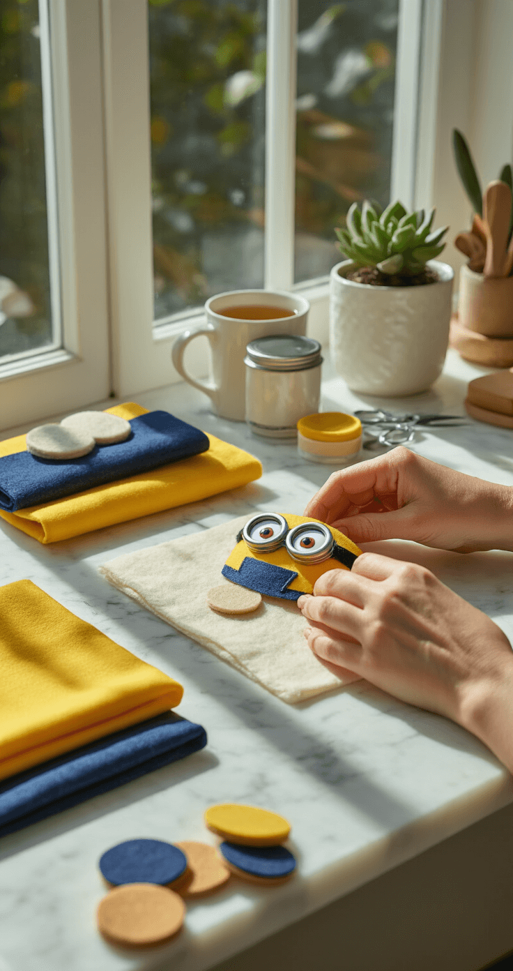 A close-up of manicured hands assembling DIY Minion goggles on a white marble workspace, surrounded by yellow cotton fabric, navy denim, crafting scissors, felt circles, and organized supplies, with herbal tea and a succulent nearby, illuminated by natural daylight.