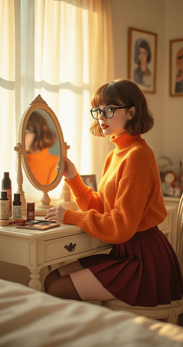 Best Short Hair Cosplay Characters A young woman with a brown bob cut styles her hair at a vintage vanity in a cozy bedroom during golden hour, wearing Velma's orange turtleneck sweater and a burgundy pleated mini skirt, while surrounded by cosplay accessories.