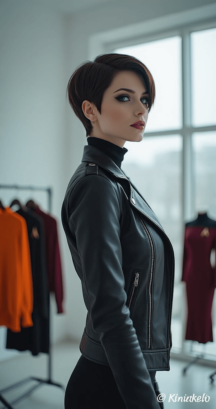 Best Short Hair Cosplay Characters A confident cosplayer in a minimalist studio, wearing a black leather jacket and dark turtleneck, stands against a clothing rack displaying various character outfits. Soft diffused lighting highlights her short hair and creates dramatic shadows, while a balanced color palette includes neutrals and vibrant accents.
