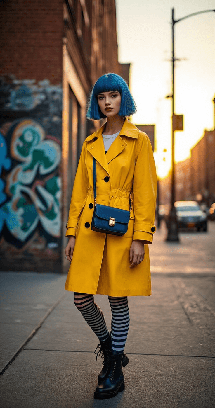 Best Short Hair Cosplay Characters A model with a vibrant blue bob haircut wears a yellow raincoat on an urban street corner during golden hour, showcasing Coraline's adventurous spirit. She carries a navy leather crossbody bag and wears striped tights with ankle boots. The background features artistic murals and vintage brick walls, illuminated by warm sunset light, highlighting the rich jewel tones of blue, yellow, and emerald green.