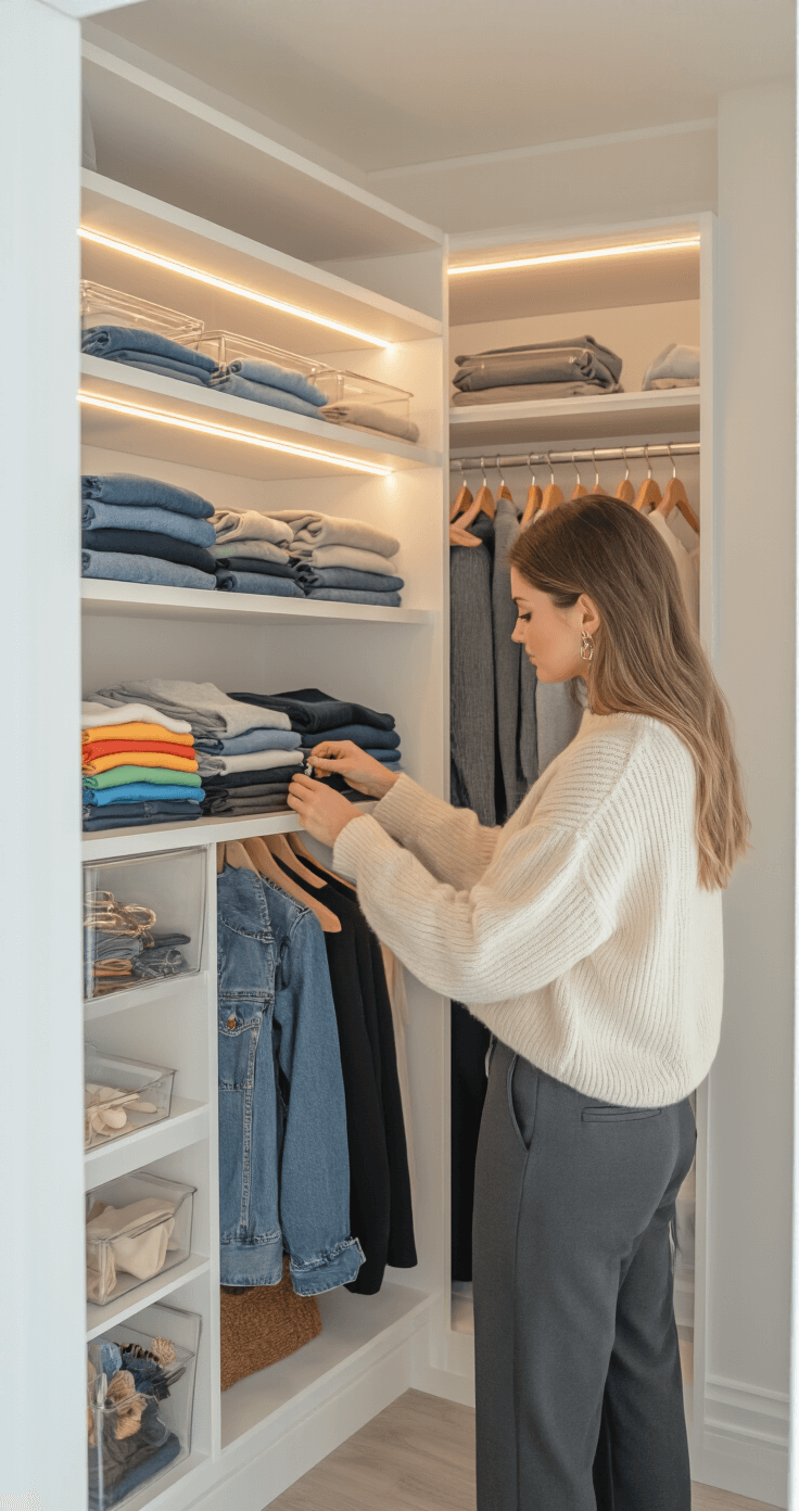 Cosplay Fácil: Guia Definitivo para Criar Fantasias Incríveis sem Complicação A stylish woman in a cream cashmere sweater and tailored charcoal trousers organizes a bright, minimalist walk-in closet filled with white shelving, warm LED lighting, and neatly folded clothes in rainbow colors for cosplay, with soft natural light filtering through a frosted window.