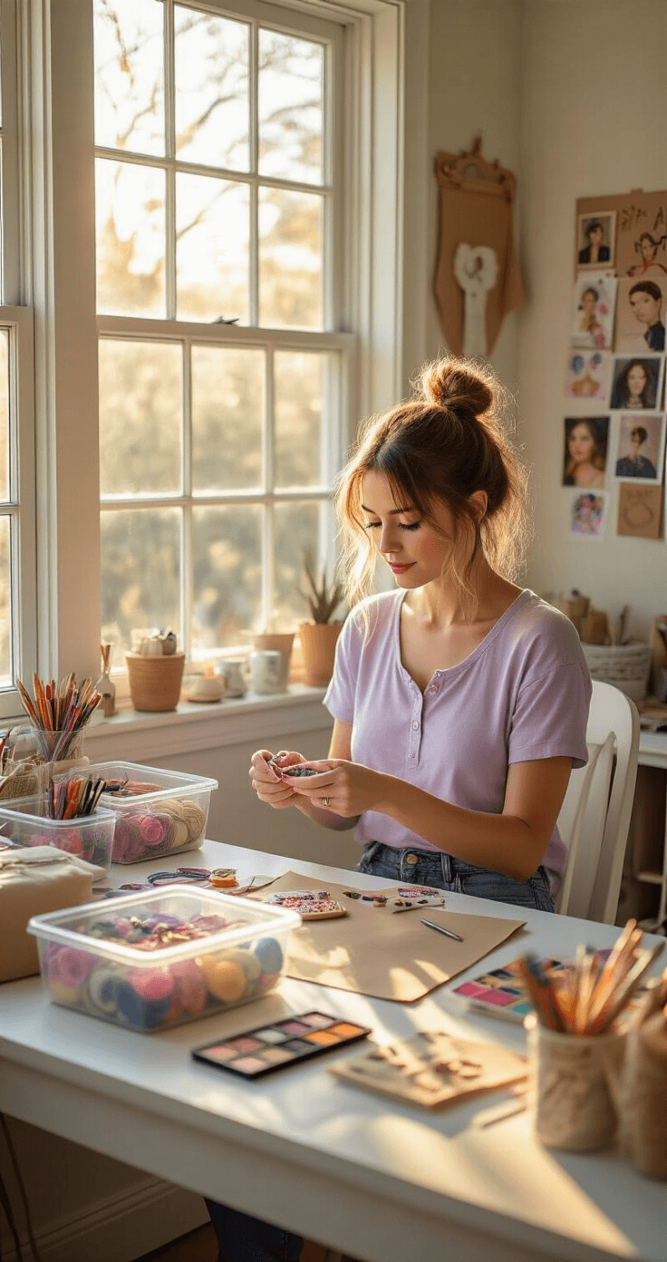 Cosplay Fácil: Guia Definitivo para Criar Fantasias Incríveis sem Complicação A cozy craft room corner bathed in golden hour light, featuring a woman in a lavender henley and boyfriend jeans at a white desk, surrounded by organized craft supplies and work-in-progress cosplay accessories on kraft paper, with a mood board of character inspiration photos in the background.