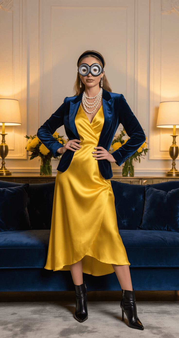 A confident woman in a yellow silk midi dress and navy velvet blazer poses in a sophisticated living room, showcasing a chic black headband with Minion-inspired goggles. The elegant setting features a plush navy sofa, brass accent lighting, and yellow and white flowers, all beautifully illuminated by warm ambient light.