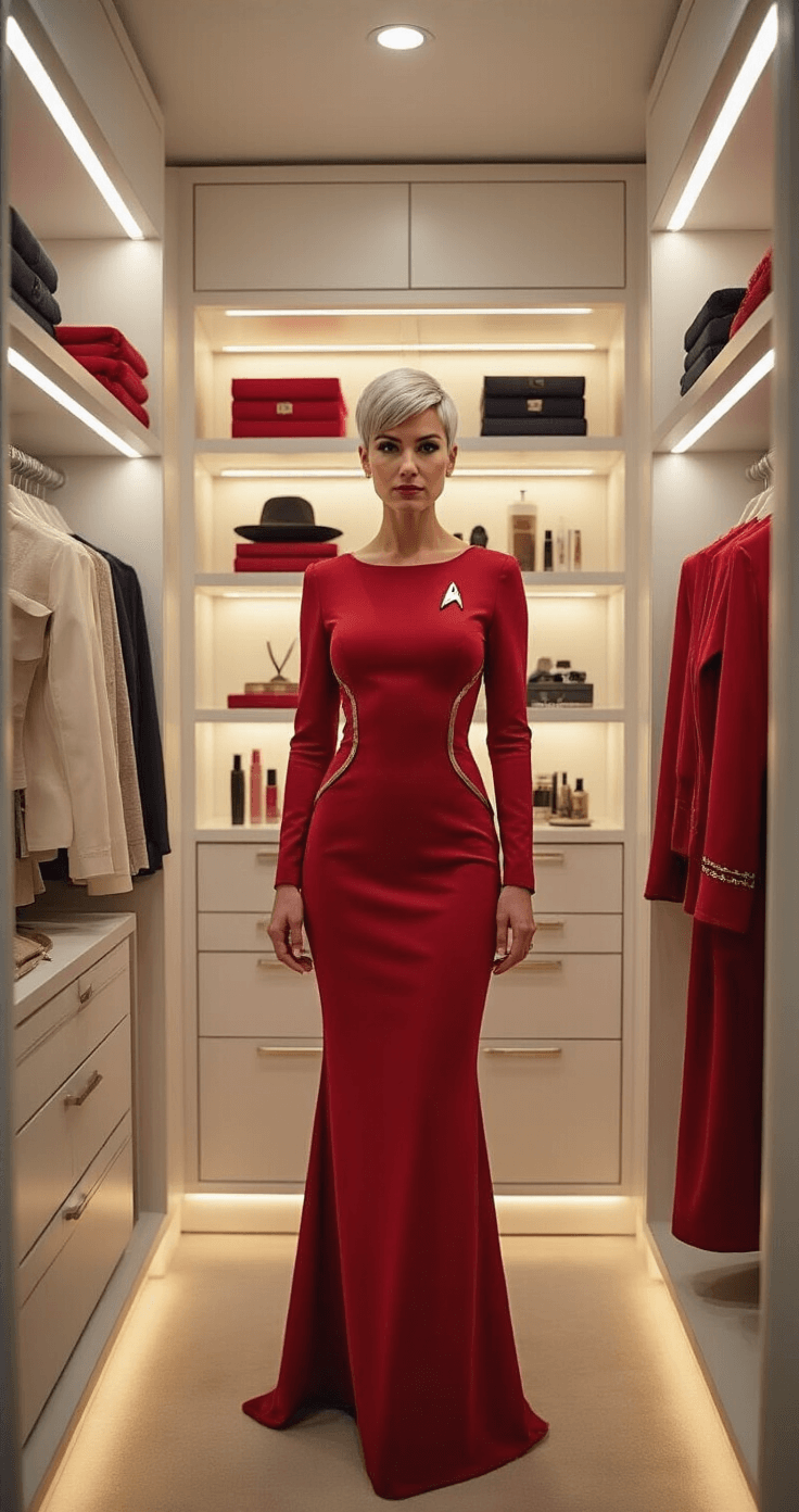 Best Short Hair Cosplay Characters A chic walk-in closet bathed in soft ambient lighting features a woman with a sleek pixie cut arranging a Starfleet-inspired structured red dress with metallic trim. Organized sections showcase character-inspired accessories and styling products, creating a boutique-like atmosphere that highlights luxurious fabrics and polished metals.