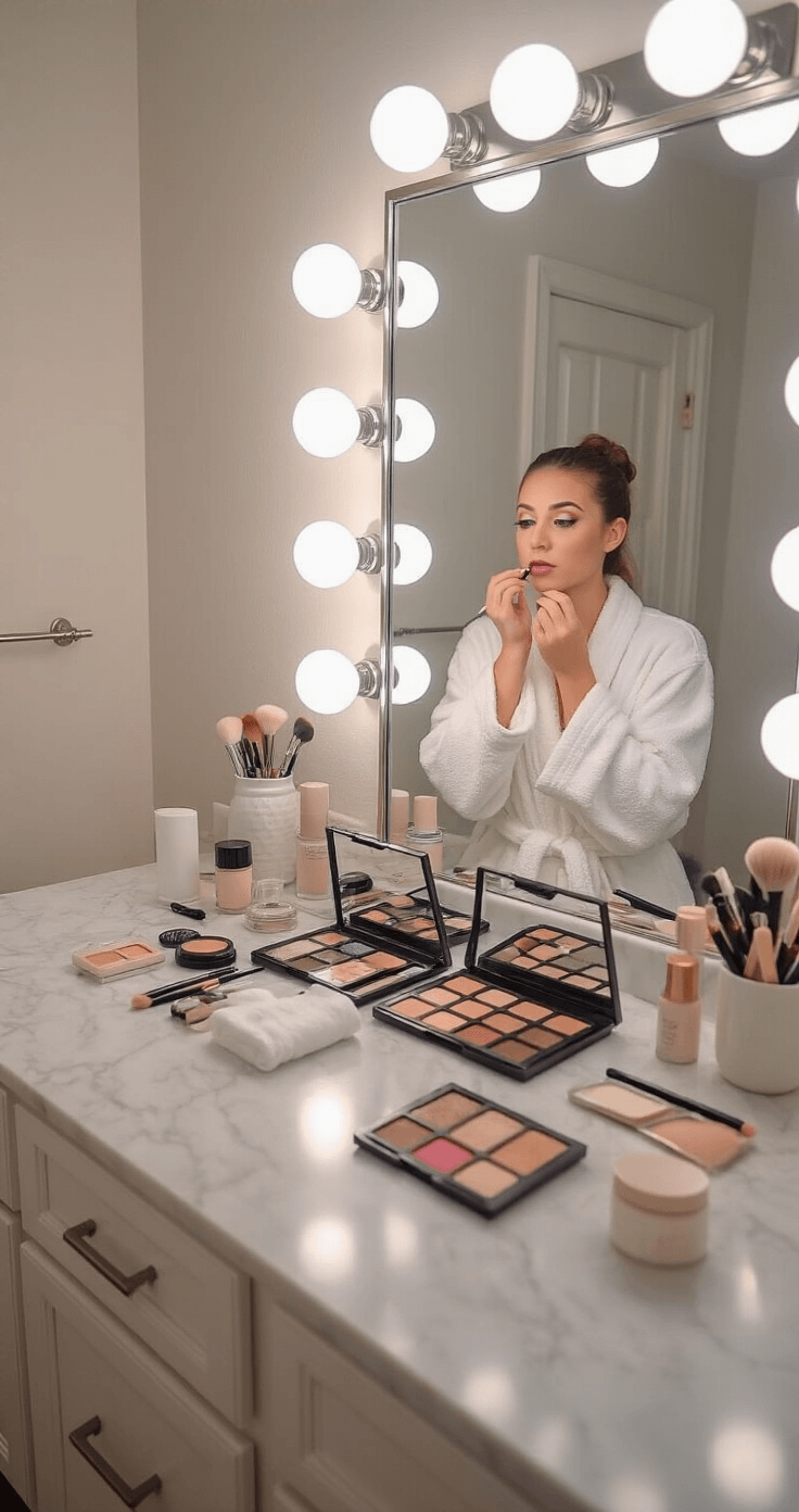 Cosplay Fácil: Guia Definitivo para Criar Fantasias Incríveis sem Complicação A young woman in a white robe applies simple cosplay makeup at a well-lit bathroom vanity, surrounded by drugstore makeup products and tools on a clean marble countertop, with a large mirror reflecting her focused expression.