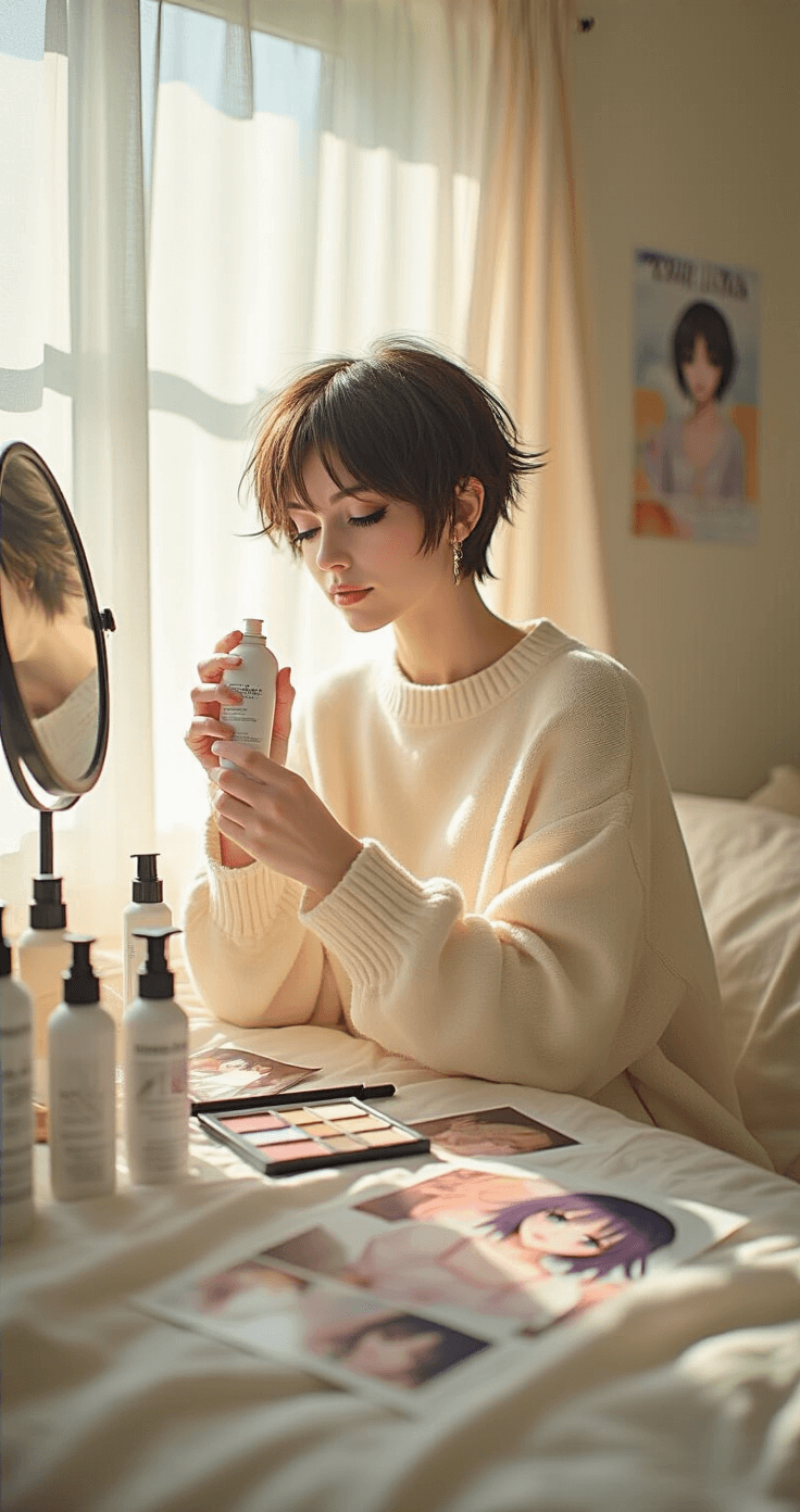 Best Short Hair Cosplay Characters A cosplayer in a sunlit bedroom applies temporary color spray to her hair while wearing a cream oversized sweater, surrounded by organized hair products and character reference images, all illuminated by soft natural light.
