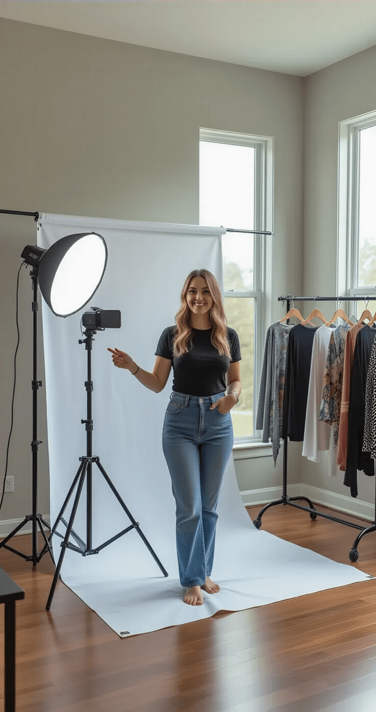 Cosplay Fácil: Guia Definitivo para Criar Fantasias Incríveis sem Complicação A stylish woman in a fitted black t-shirt and high-waisted denim sets up an impromptu photo studio in a modern living room with floor-to-ceiling windows, featuring a white backdrop and a ring light for cosplay documentation. Various completed easy cosplay looks hang on a portable clothing rack, with hardwood floors and minimalist furniture creating a clean aesthetic.