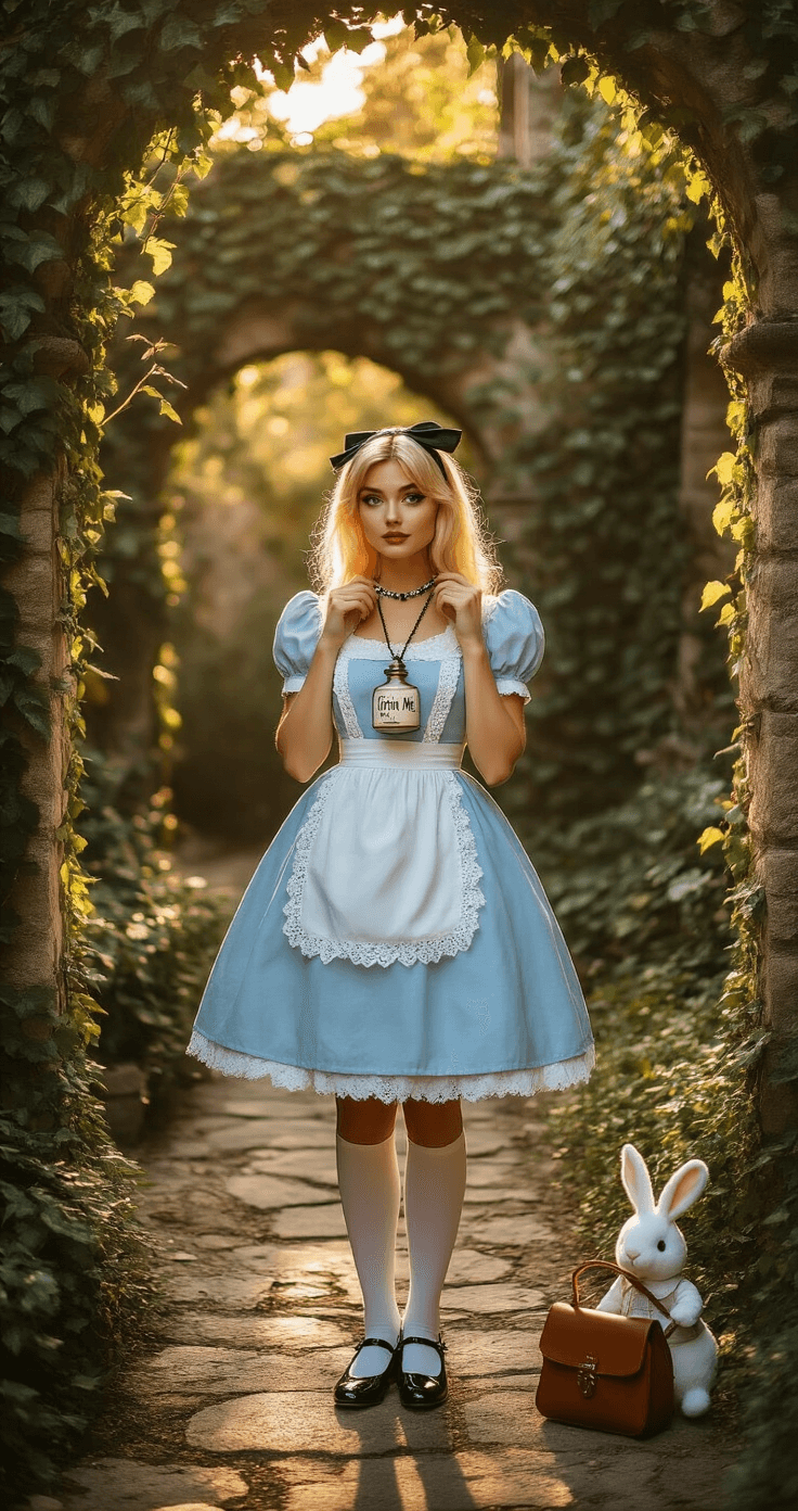 A blonde woman in a vintage-inspired Alice in Wonderland outfit, wearing a powder blue dress with a white lace apron, stands in a whimsical garden courtyard during golden hour, adjusting a 'Drink Me' necklace, with ivy-covered stone walls and soft afternoon sunlight casting dappled shadows.