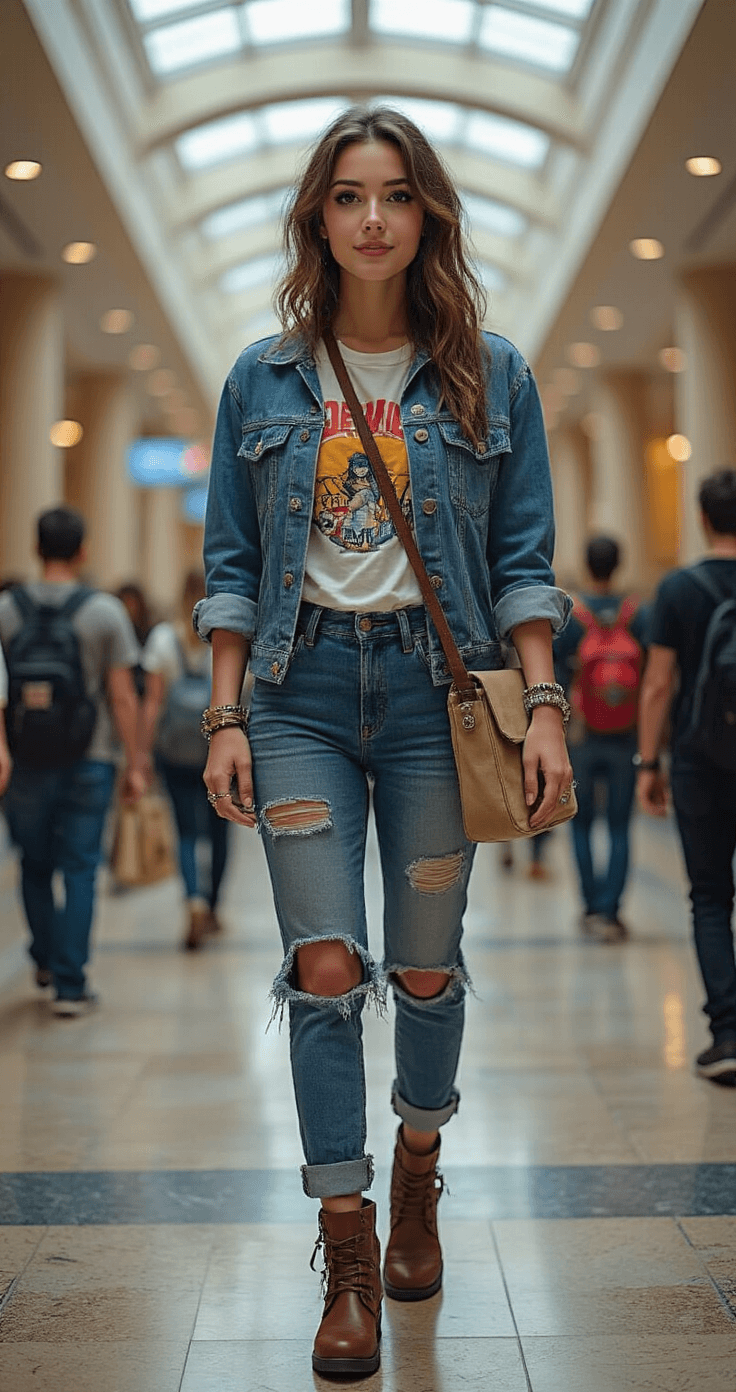 Cosplay Fácil: Guia Definitivo para Criar Fantasias Incríveis sem Complicação A confident young woman in easy cosplay with a vintage band t-shirt, denim jacket, and themed patches poses in a bustling convention center hallway, surrounded by other cosplayers. Bright overhead lights and natural skylight illuminate her outfit and accessories, capturing the vibrant community spirit.