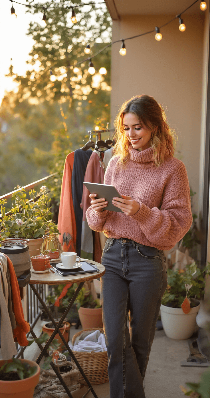 Cosplay Fácil: Guia Definitivo para Criar Fantasias Incríveis sem Complicação A creative woman in a dusty rose knit sweater reviews cosplay photography on a tablet on a cozy apartment balcony, surrounded by completed cosplay outfits, potted plants, and twinkling string lights, with a small bistro table holding editing equipment and a warm cup of tea, all bathed in golden hour light.