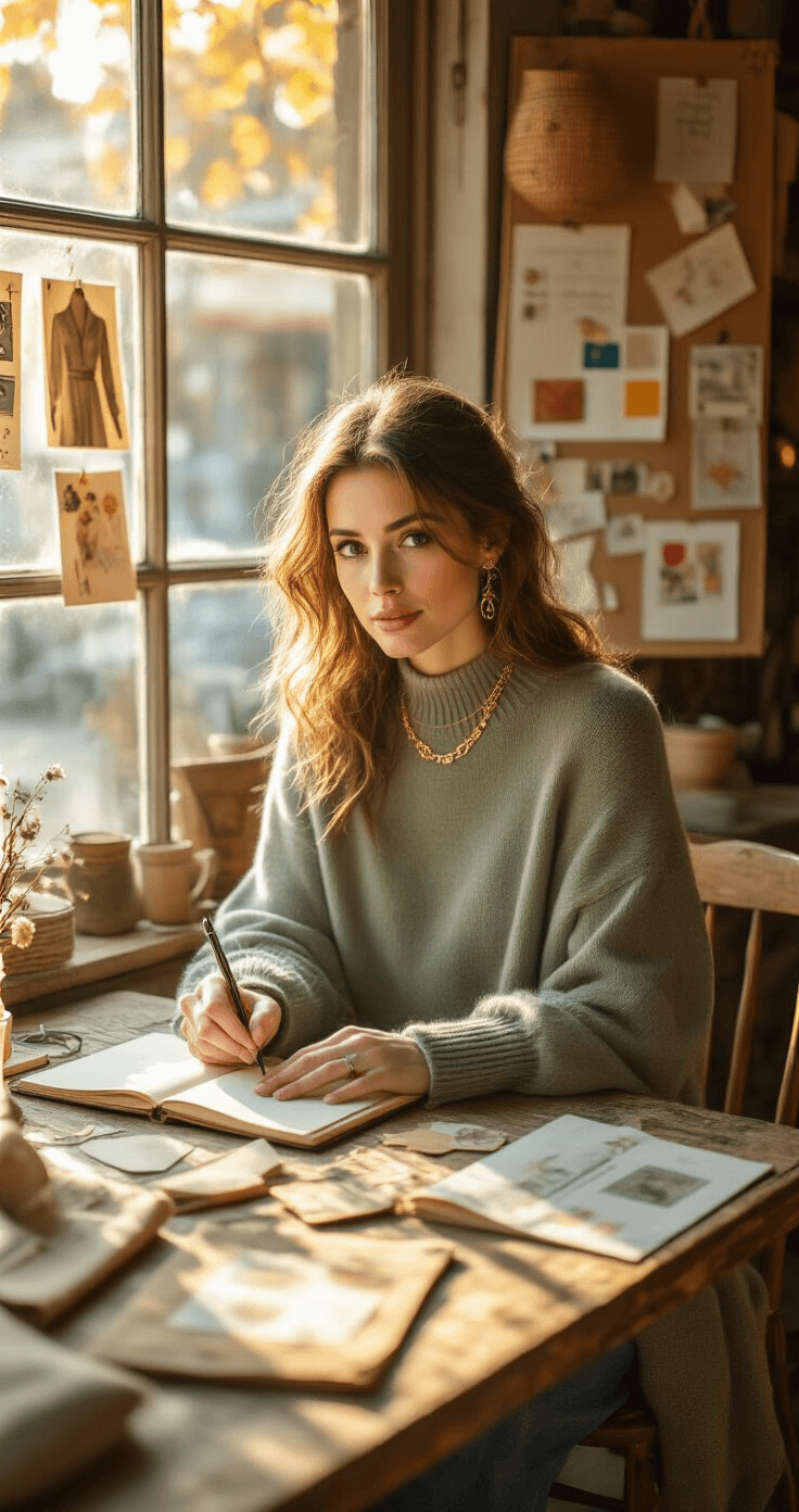 A stylish woman sketches costume ideas at a rustic wooden table in a cozy café, surrounded by inspiration boards, fabric samples, and vintage planning materials bathed in warm golden hour light.