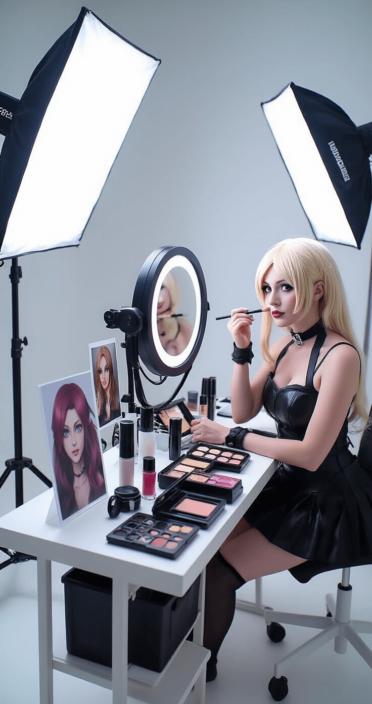 Home A cosplayer applies makeup in a professional photography studio, featuring soft box lighting, organized makeup stations, character reference photos, specialized cosmetics, and application tools in a clean, tutorial-style atmosphere.