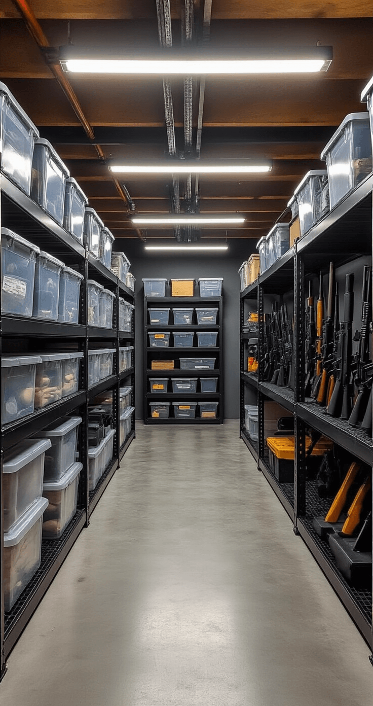 Mastering Cosplay Storage: A Comprehensive Guide to Protecting Your Costume Collection A modern basement prop storage area featuring industrial aesthetics, with heavy-duty metal shelving lined with clear bins, custom weapon racks, and practical fluorescent overhead lighting. The scene showcases organized storage solutions in gunmetal gray and black, illuminated by LED strip lighting.