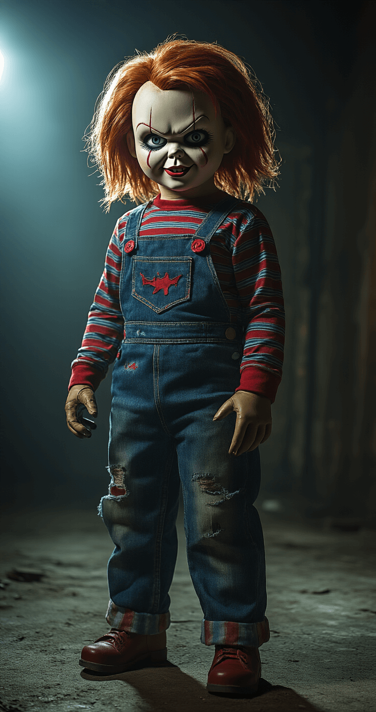 A vintage-inspired horror costume shoot featuring Chucky and Tiffany, showcasing detailed costumes in a dramatically lit indoor space with deep shadows, accent lighting, and a moody atmosphere enhanced by gothic props.