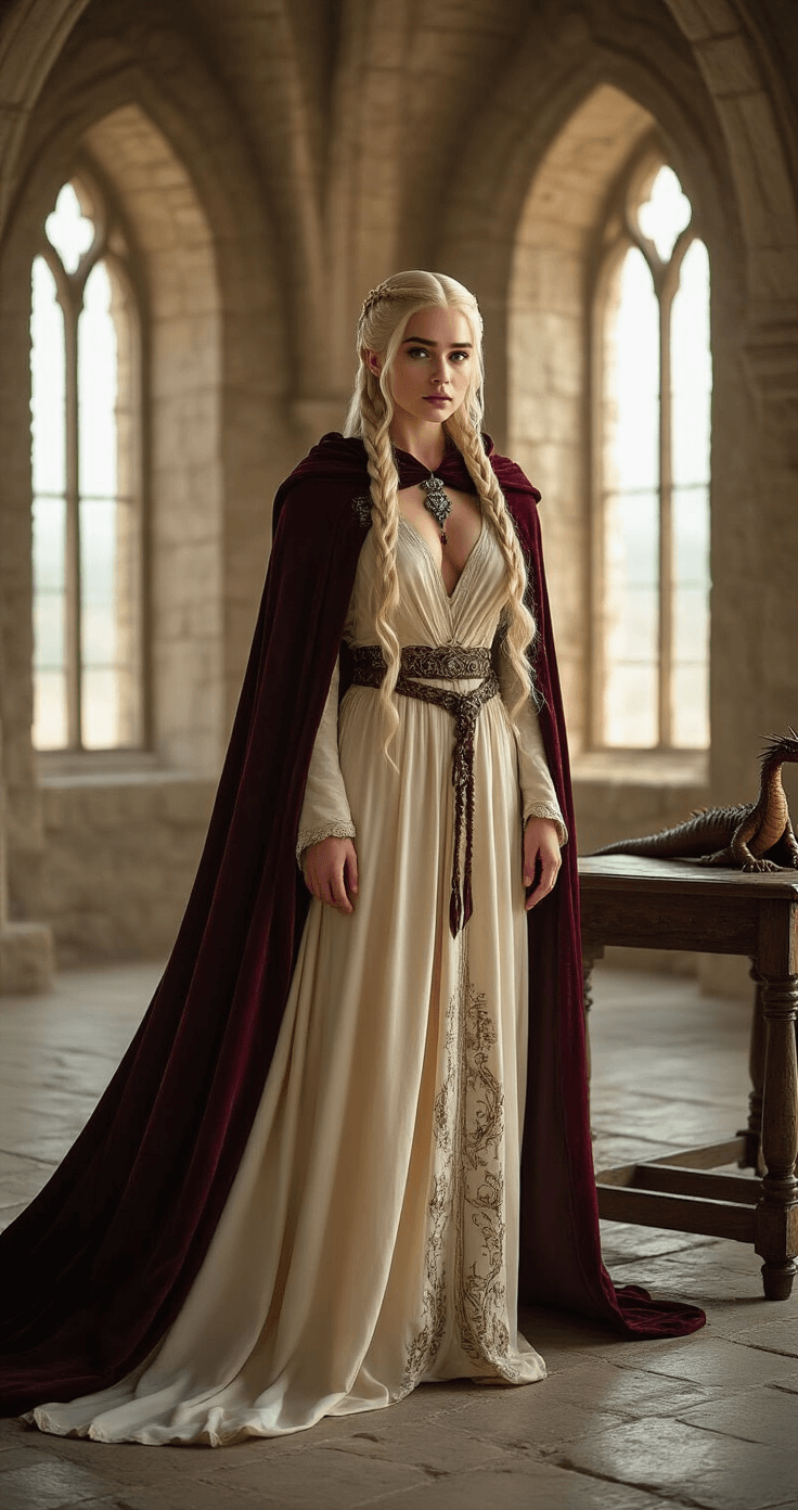An elegant blonde woman resembling Daenerys Targaryen in a medieval stone chamber, wearing a cream silk gown and burgundy velvet cloak, with intricately braided hair and a dragon tooth necklace, illuminated by soft morning light with a small dragon prop on a wooden table.