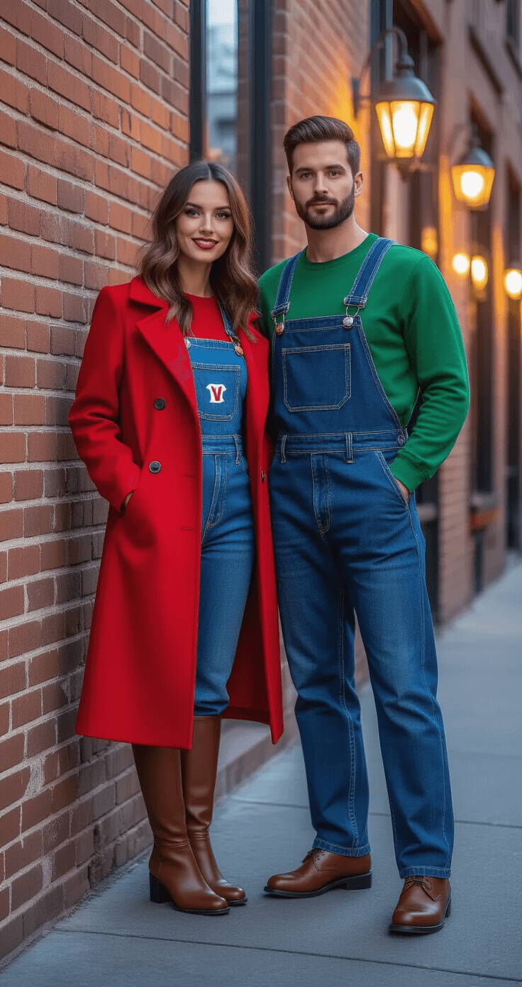 A fashionable couple poses in front of a trendy brick wall during the blue hour, illuminated by soft street lighting. She wears a stylish Mario-inspired outfit with a red coat and denim overalls, while he dons a coordinated Luigi-inspired green ensemble. The scene captures their sophisticated costumes against a warm urban backdrop.