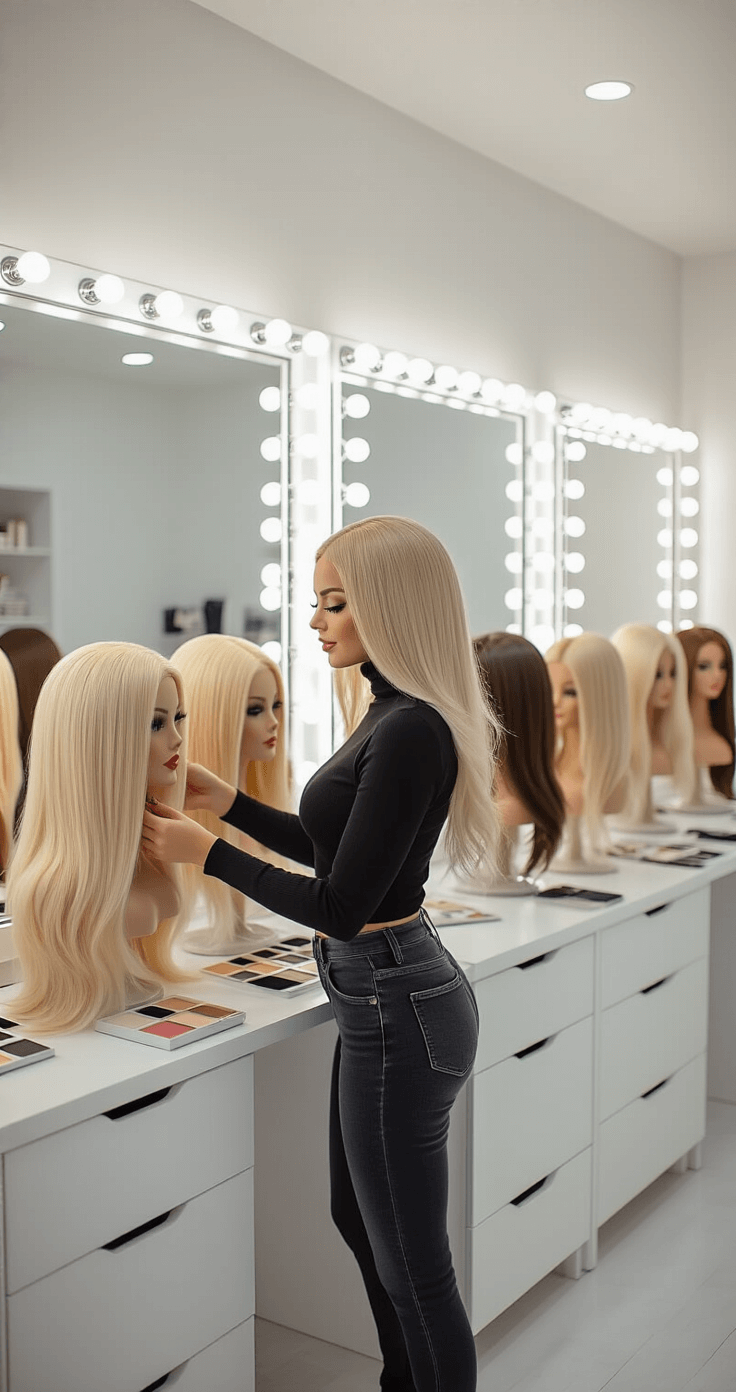 A stylish woman in a black turtleneck and fitted jeans arranges various blonde wigs in a modern dressing room with Hollywood-style vanity lighting, surrounded by organized beauty supplies and large mirrors.