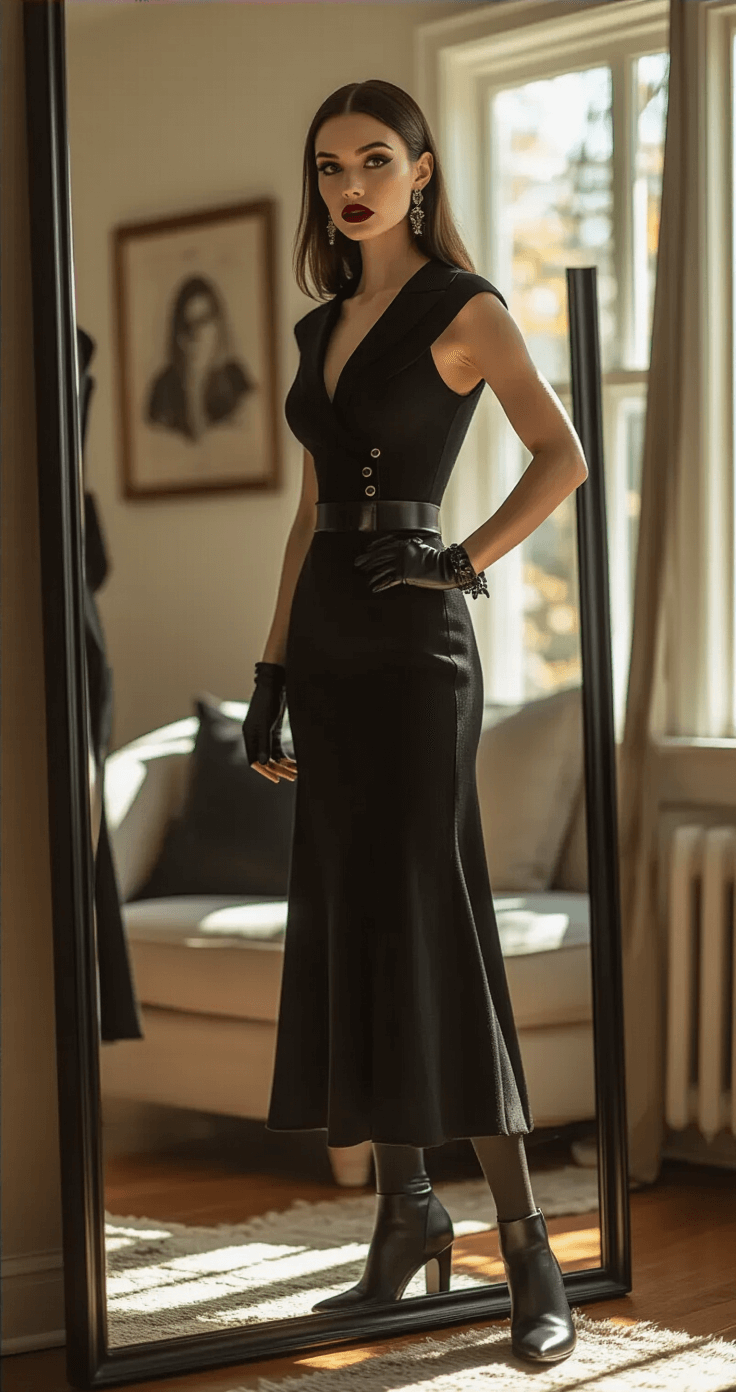 A confident woman in a tailored black wool dress and vintage accessories tests her Wednesday Addams-inspired Halloween costume in a sunlit living room, checking her reflection in a full-length mirror while showcasing Gothic jewelry and matte black nail polish.