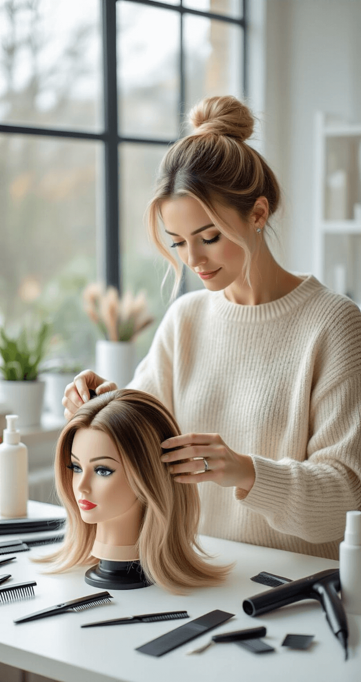 A woman in a cream sweater styles a blonde wig in a bright craft room, using professional tools like combs and a flat iron, with soft natural light enhancing the scene.