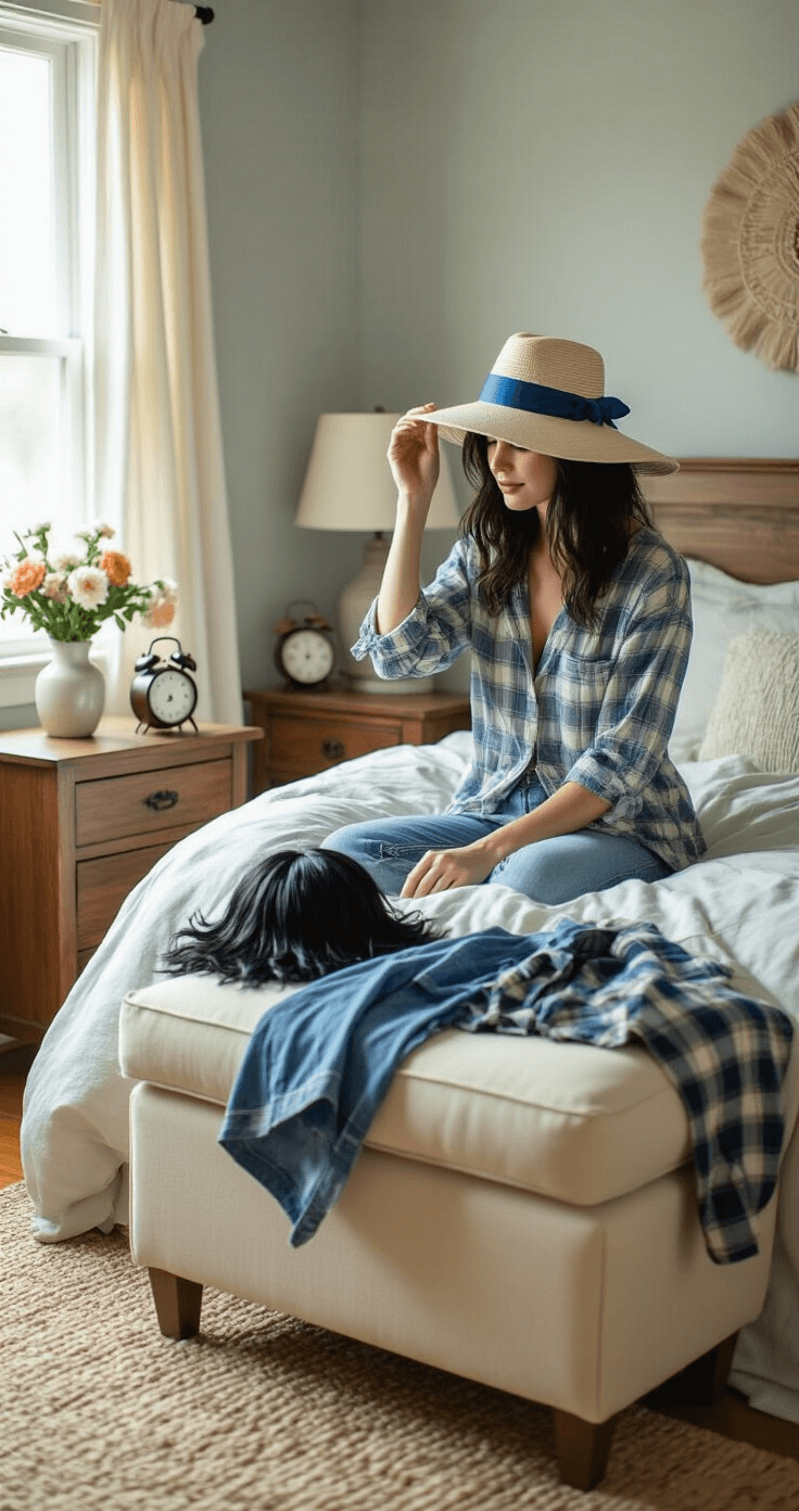 Marceline the Vampire Queen Cosplay Cozy bedroom scene bathed in soft morning light, featuring a woman trying on a floppy wide-brimmed hat with blue silk ribbon. An unmade bed with scattered cosplay accessories, including a black wig, plaid shirt, and folded jeans. A wooden nightstand holds a vintage alarm clock and fresh flowers in a ceramic vase, all set against a muted color palette of blues and warm grays.