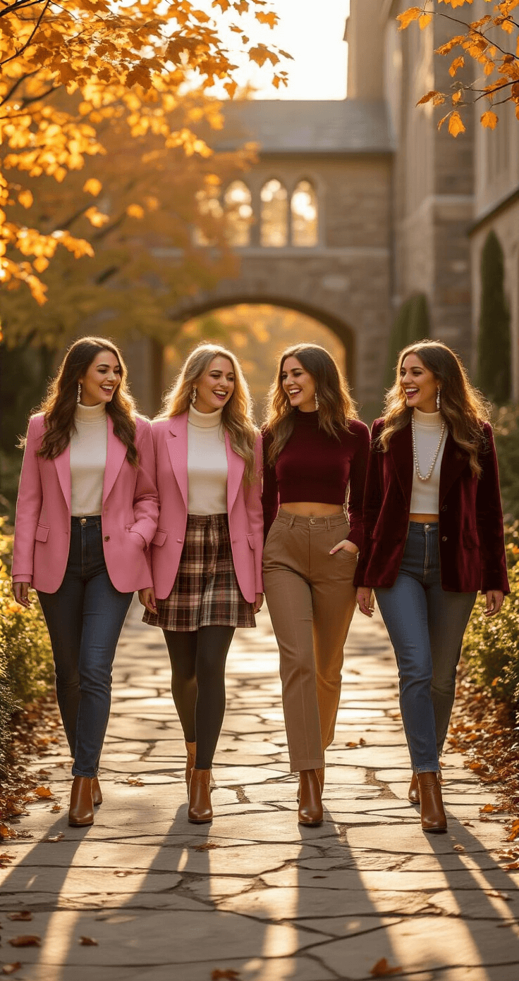 Killer Halloween Costumes for College Students: Your Ultimate Guide to Looking Epic Without Breaking the Bank Four college women in a coordinated Mean Girls group costume walk together in a vibrant campus courtyard during golden hour, surrounded by autumn foliage and natural stone pathways. One wears a pink wool blazer, white turtleneck, and plaid mini skirt, while another sports a burgundy velvet crop top and high-waisted trousers, both accessorized with pearl jewelry. The scene captures the warm amber lighting, dynamic poses, and detailed styling, with leather handbags and layered gold jewelry, creating a lively and fashionable atmosphere.