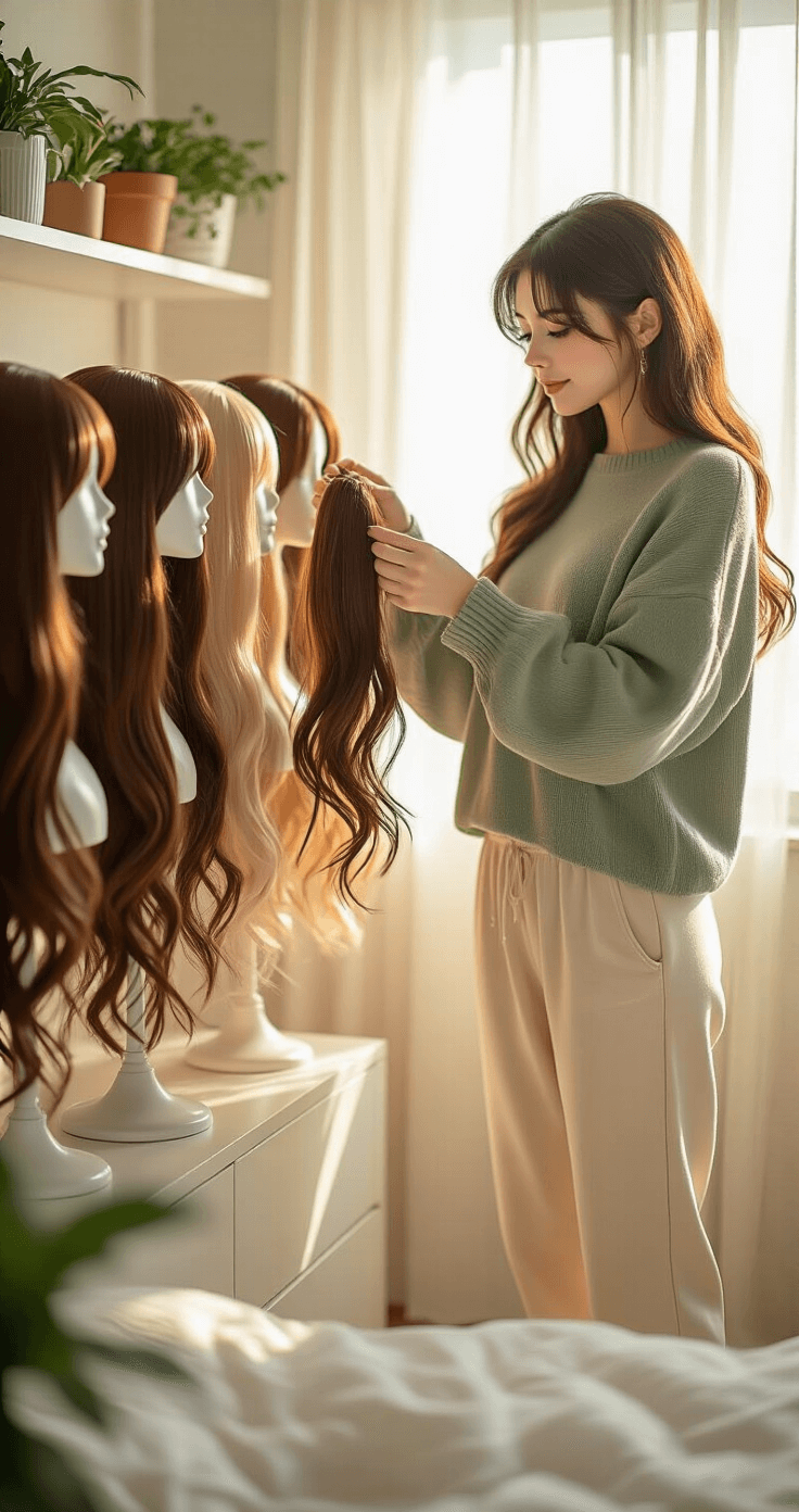 A young woman in a sunlit bedroom, wearing cream joggers and a sage green oversized sweater, examines a silky brown cosplay wig while surrounded by various wigs on mannequin heads and a minimalist decor.