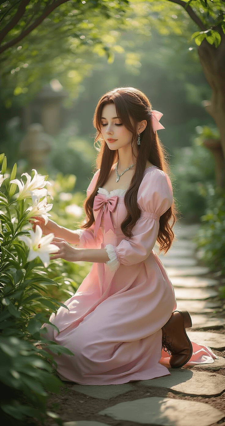 A confident female cosplayer as Aerith Gainsborough kneels in a dreamy garden, wearing a pink dress and brown boots, with long brown hair and a hair ribbon, gently touching white lilies amidst blooming flowers and dappled sunlight.
