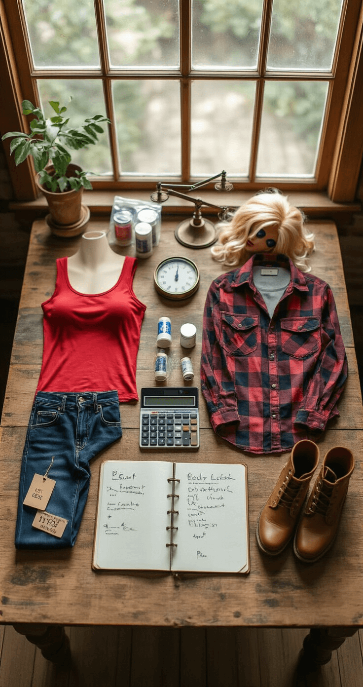 Marceline the Vampire Queen Cosplay Flat-lay image of a rustic wooden dining table featuring a detailed cosplay budget breakdown, showcasing affordable high-waisted jeans, a red cotton tank top, a thrifted flannel shirt, secondhand brown leather boots, professional body paint tubes, latex prosthetics, and a synthetic wig. Includes a calculator, a notebook with handwritten budget notes, and a vintage brass scale, all illuminated by natural midday light.