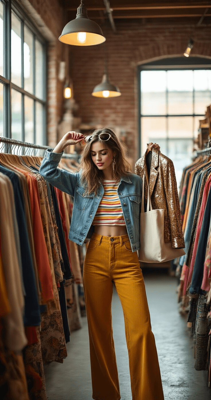 Killer Halloween Costumes for College Students: Your Ultimate Guide to Looking Epic Without Breaking the Bank A young woman in a cropped denim jacket and mustard yellow wide-leg corduroy pants browses a trendy thrift store filled with colorful vintage clothing, holding up a sequined 80s blazer. The interior features industrial lighting and exposed brick walls, with warm overhead bulbs and natural light from storefront windows casting dynamic shadows. Her canvas tote bag is filled with retro treasures like sunglasses, a silk scarf, and vintage band pins.