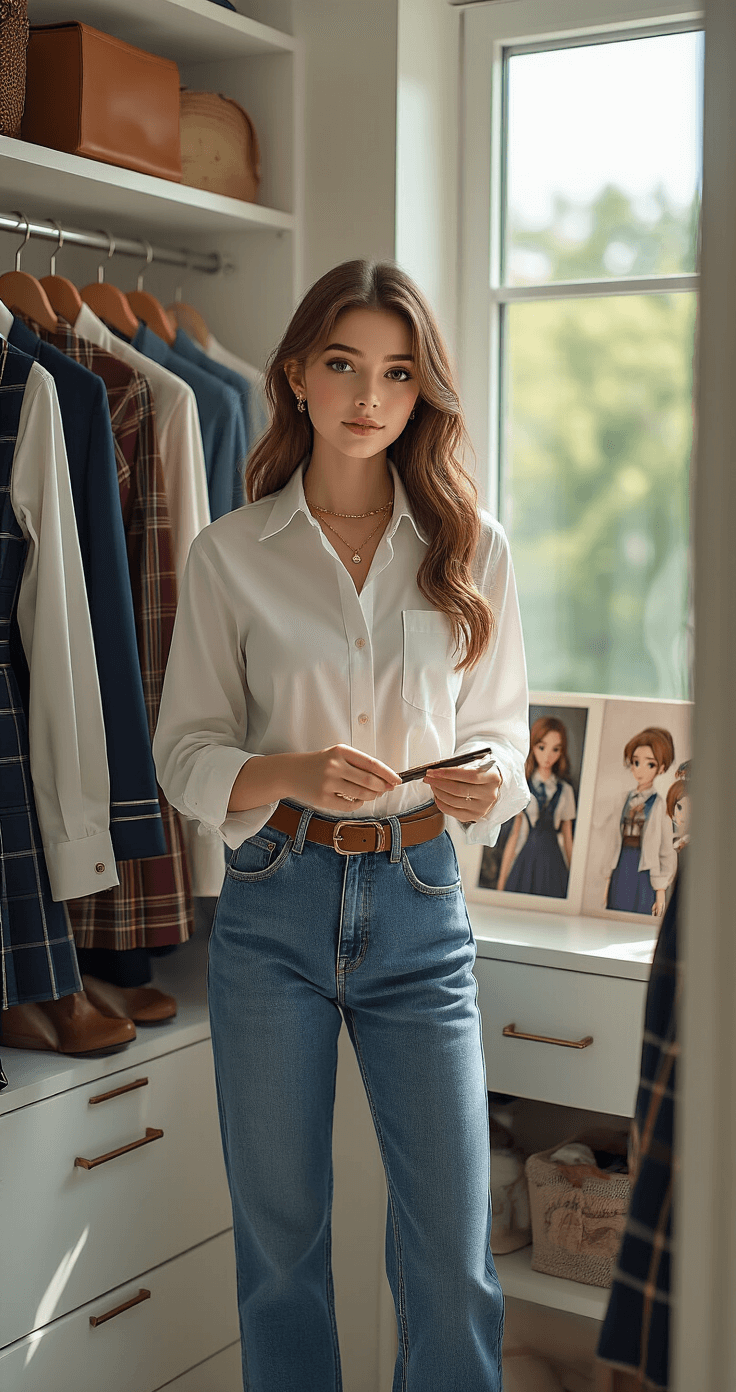 A young woman in a bright walk-in closet meticulously styles multiple brown-haired character outfits, wearing a white button-down shirt and high-waisted denim jeans. The scene features organized racks of cosplay ensembles, illuminated by natural light, highlighting the textures of various fabrics and accessories she holds.