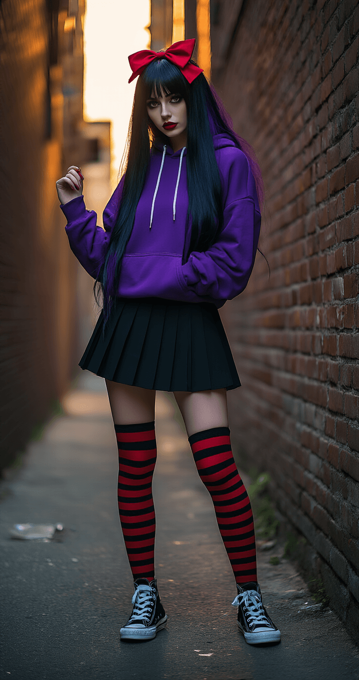 A confident young woman with a long black synthetic wig featuring purple highlights stands in a dimly lit urban alley during golden hour, wearing an oversized purple hoodie, a black pleated mini skirt, black-red striped thigh-high socks, and classic black and white canvas sneakers. A crimson hair bow adds vibrancy to her pale complexion as dramatic side lighting casts shadows on the weathered brick walls around her. She poses with one hand adjusting her hoodie sleeve, captured from a slightly below eye level for an empowering perspective.