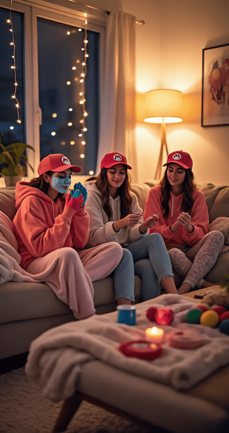 Killer Halloween Costumes for College Students: Your Ultimate Guide to Looking Epic Without Breaking the Bank Cozy apartment living room with three college roommates engaging in self-care while planning a Mario Kart costume, featuring warm lamp lighting, fairy lights, and a plush sectional sofa decorated with soft blankets. One roommate applies a hydrating face mask in a coral pink oversized hoodie, another paints her nails in bright colors, and the third braids her hair in a cropped sweatshirt and leggings. The coffee table displays racing gloves, baseball caps, and temporary tattoos, surrounded by herbal tea cups and an essential oil diffuser, creating a warm and inviting atmosphere.