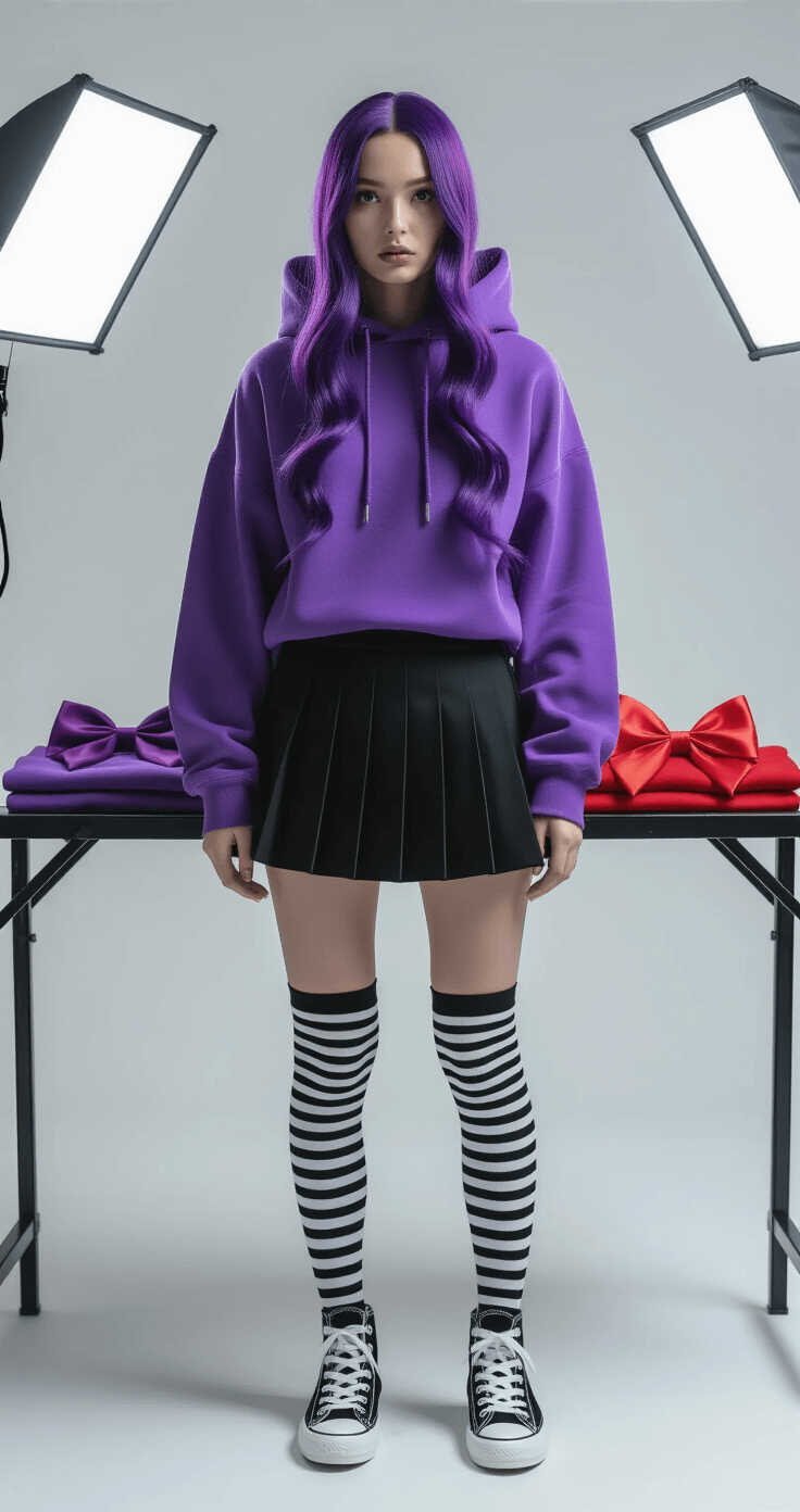 A fashion model displays a Nina the Killer ensemble on a sleek black styling table in a minimalist studio with white walls and softbox lighting, featuring a purple cotton hoodie, a black pleated skirt, striped thigh-high socks, pristine sneakers, a synthetic wig with purple streaks, and a red satin hair bow.