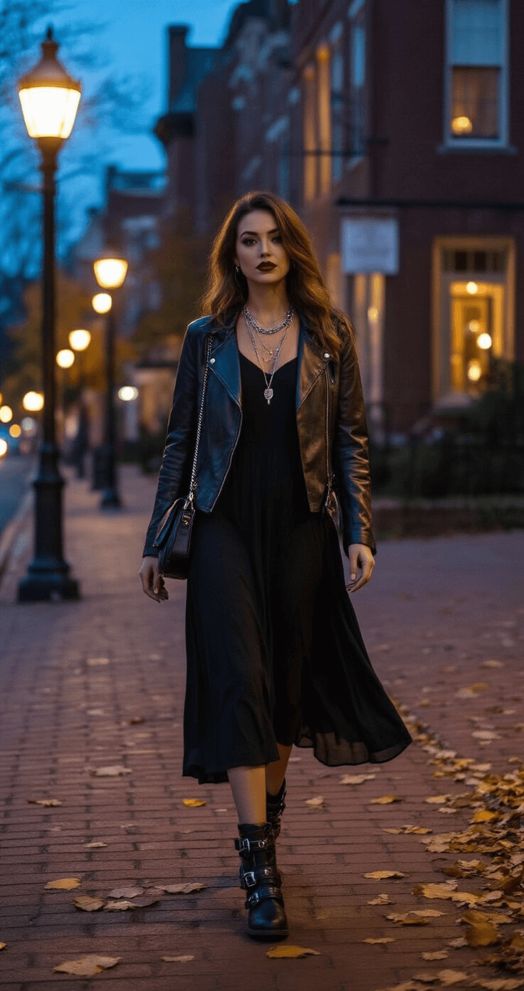 Killer Halloween Costumes for College Students: Your Ultimate Guide to Looking Epic Without Breaking the Bank A confident college woman in a stylish witch costume with a black midi dress, leather jacket, and combat boots walks down a charming, twilight-lit street corner, illuminated by vintage streetlamps and surrounded by autumn leaves and historic buildings.