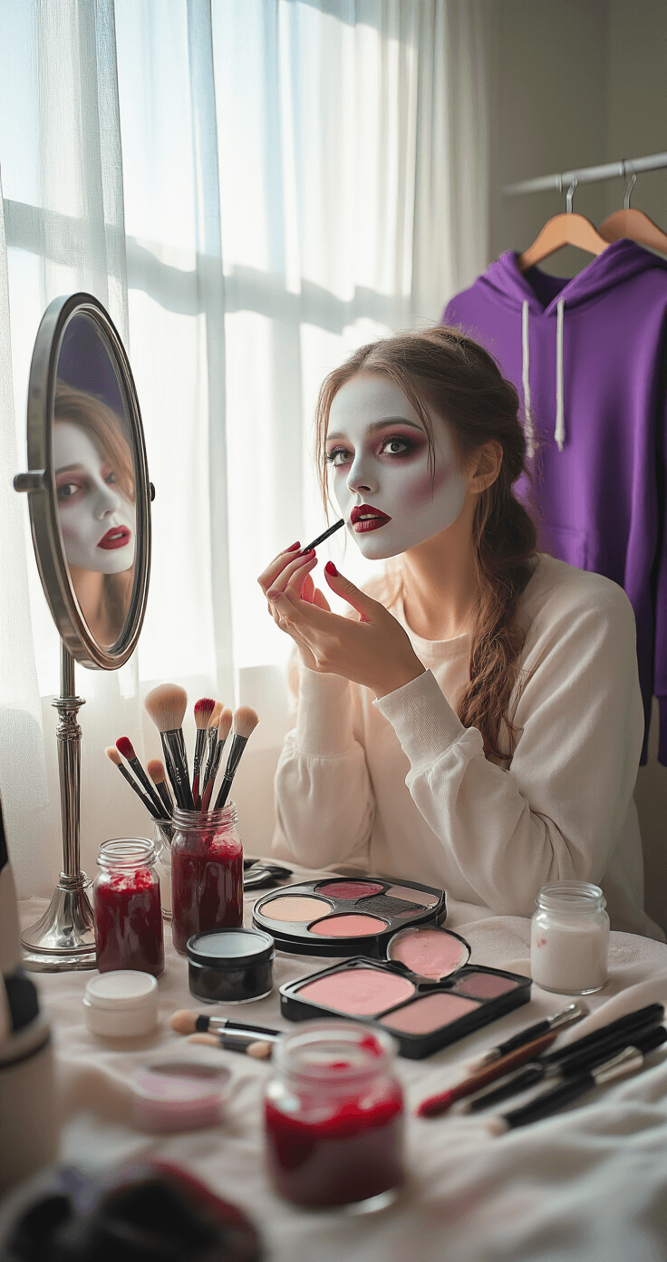 A young woman applies pale foundation at her bedroom vanity, surrounded by special effects makeup supplies. Soft morning light filters through sheer curtains, illuminating her setup with liquid latex, fake blood, and brushes in vintage jars. A neatly hung Nina costume and her half-painted face reflect a transformation in progress.