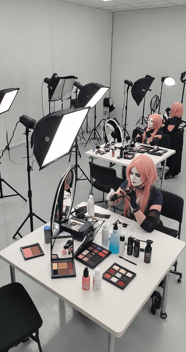 The Ultimate Cosplay Makeup Guide: Transform Into Your Favorite Character A spacious studio filled with professional lighting, showcasing a cosplayer at a testing station applying makeup. Various setting sprays and waterproof products are visible alongside touch-up kits, while multiple mirrors reflect the precise application process in a cool, professional setting.