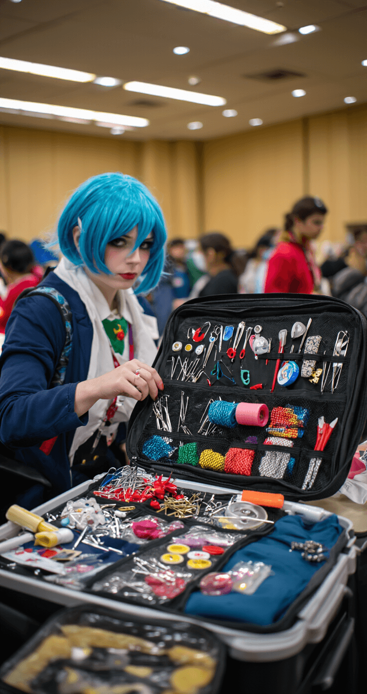 The Ultimate Guide to Anime Cosplay Fashion: From Beginner to Pro A well-arranged emergency kit for cosplayers in a warm, fluorescent-lit preparation room, featuring safety pins, fabric tape, spare buttons, a mini sewing kit, and backup accessories, highlighting the behind-the-scenes preparation for cosplay events.