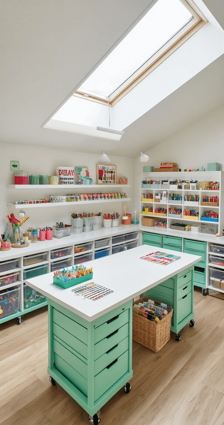 Mastering Cosplay Storage: A Comprehensive Guide to Protecting Your Costume Collection Bright, organized craft supply haven featuring mint green mobile carts and a central work table with built-in storage. Natural light floods the space through a skylight, illuminating colorful supplies in transparent storage. A bird's eye view captures the layout and flow of materials, with task lighting enhancing productivity.