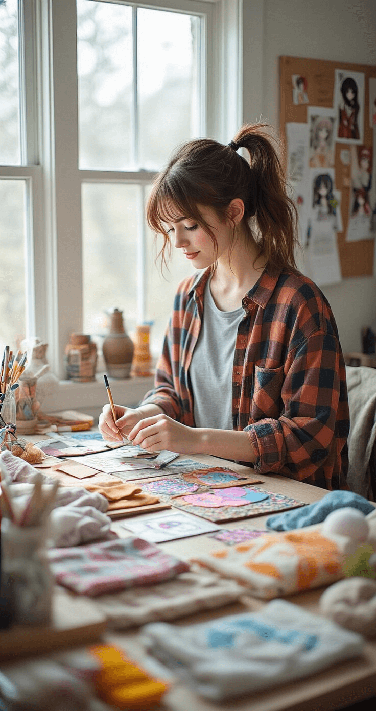 A creative young woman in a bright craft room assembles cosplay accessories and props for brown-haired characters, wearing comfortable grey leggings and an oversized plaid shirt. Her workspace is filled with colorful fabrics, foam materials, paints, and partially completed props like Sakura's Clow Cards. Natural light from large windows illuminates the organized supplies and creative chaos, with fabric swatches and a mood board in view. Her brown hair is styled in a messy bun, capturing the DIY spirit of cosplay creation.